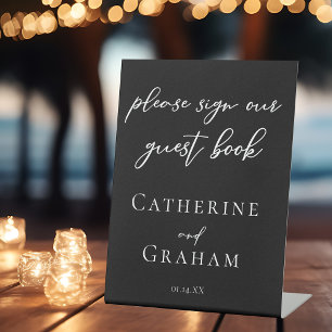 Modern Black White Typography Wedding Guest Book Pedestal Sign