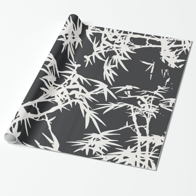 Modern black white watercolor bamboo plant pattern wrapping paper (Unrolled)