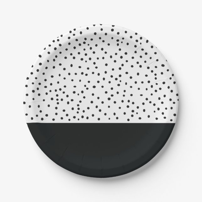 Modern black white watercolor polka dots pattern paper plate (Front)