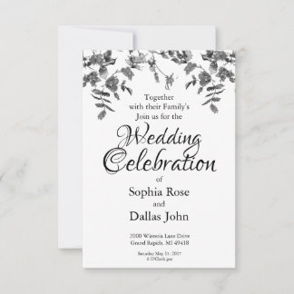 Modern black white watercolor roses wedding invitation