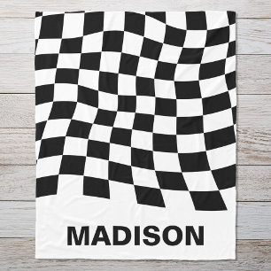 Modern Black White Wavy Chequered Pattern Monogram Fleece Blanket