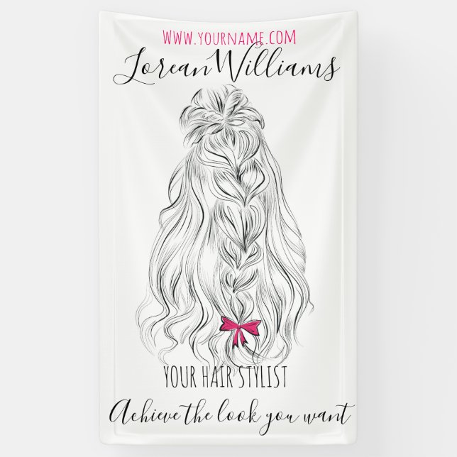 Modern Black White Wavy Hair Pink Bow Hairstyling  Banner (Vertical)