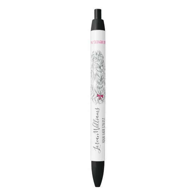 Modern Black White Wavy Hair Pink Bow Hairstyling  Black Ink Pen (Front Vertical)