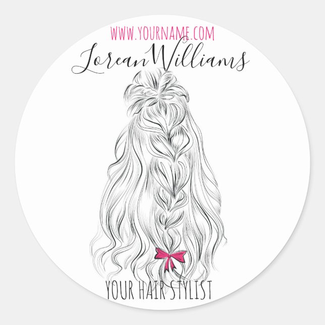 Modern Black White Wavy Hair Pink Bow Hairstyling  Classic Round Sticker (Front)