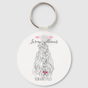 Modern Black White Wavy Hair Pink Bow Hairstyling Keychain