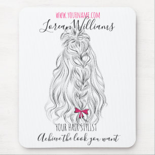 Modern Black White Wavy Hair Pink Bow Hairstyling  Mouse Pad