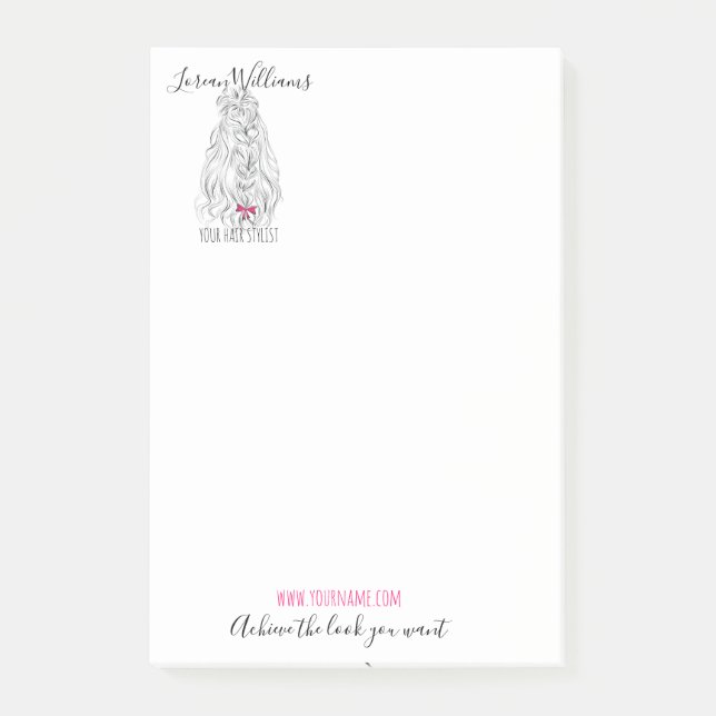 Modern Black White Wavy Hair Pink Bow Hairstyling  Post-it Notes (Front)