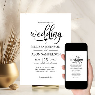 Modern Black White Wedding Heart DIGITAL Invitation