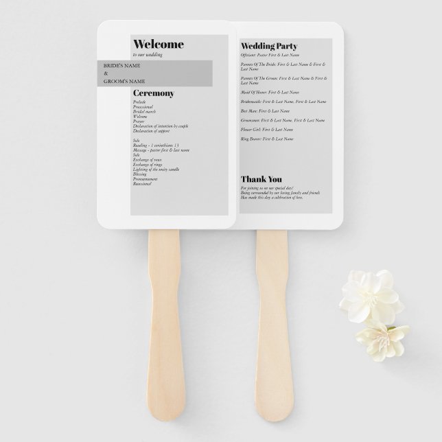 Modern Black & White Wedding Program Hand Fan (Front and Back)