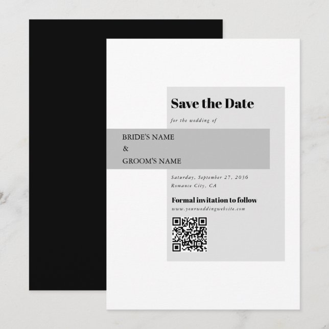 Modern Black & White Wedding QR Code  Save The Date (Front/Back)