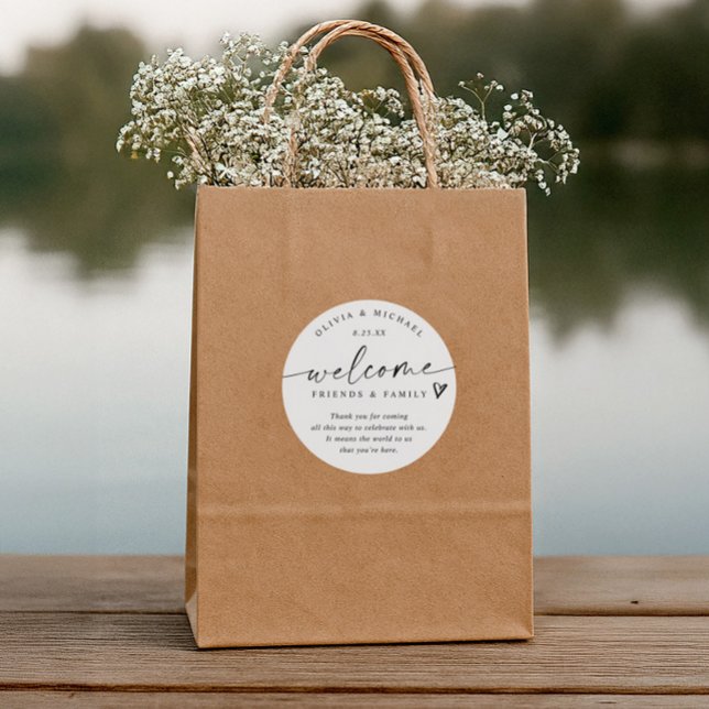 Modern Black & White Wedding Welcome Hotel Bag Classic Round Sticker (Wedding hotel guest bags - Welcome Stickers - Modern black and white handwriting and heart.)