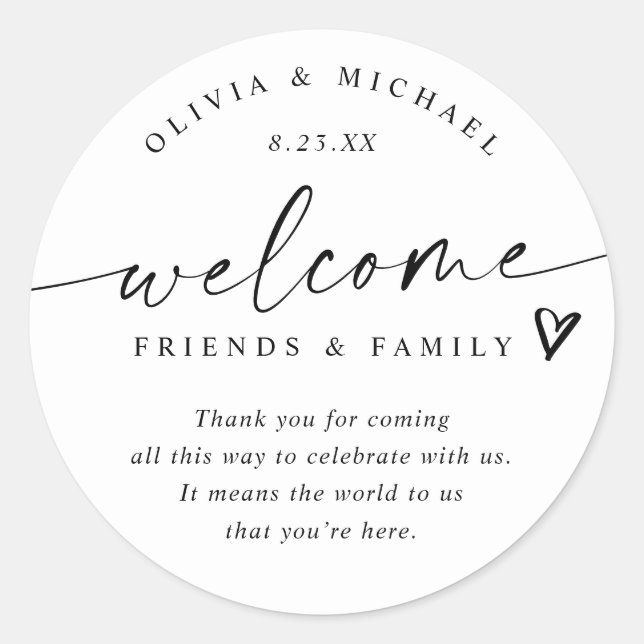 Modern Black & White Wedding Welcome Hotel Bag Classic Round Sticker (Front)