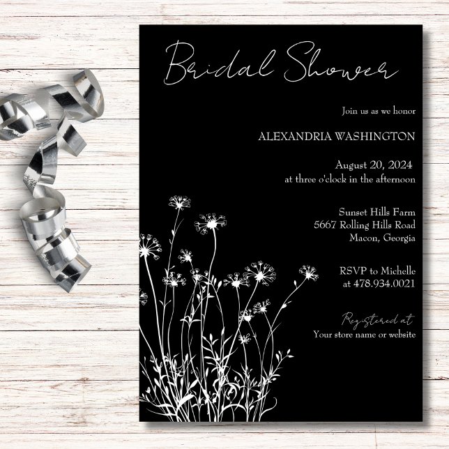Modern Black & White Wildflower Bridal Shower Invitation (Creator Uploaded)