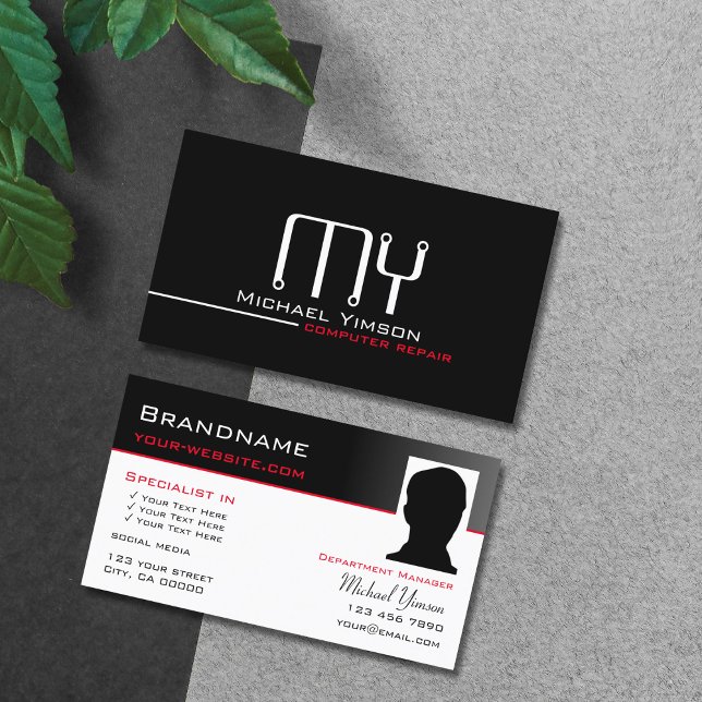 Modern Black White with Monogram and Photo Classic Business Card (Creator Uploaded)