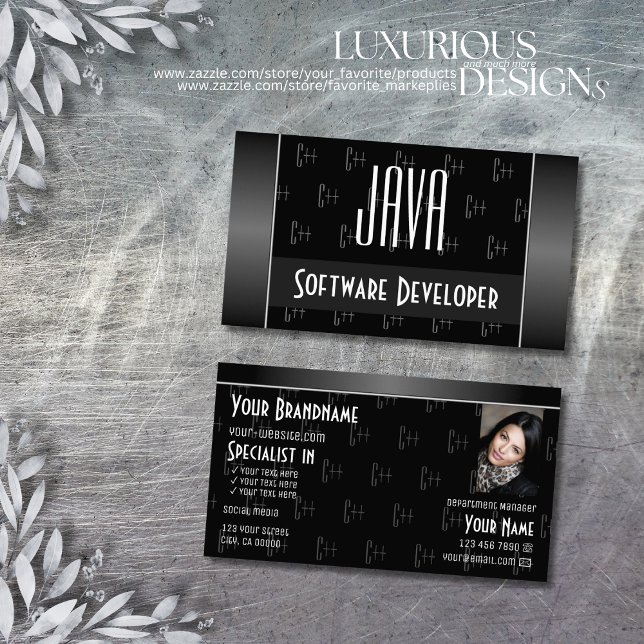 Modern Black White with Photo and Letters Pattern Business Card (Creator Uploaded)