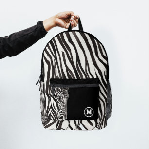 Modern Black White Zebra Stripe Bold Name Initia Printed Backpack