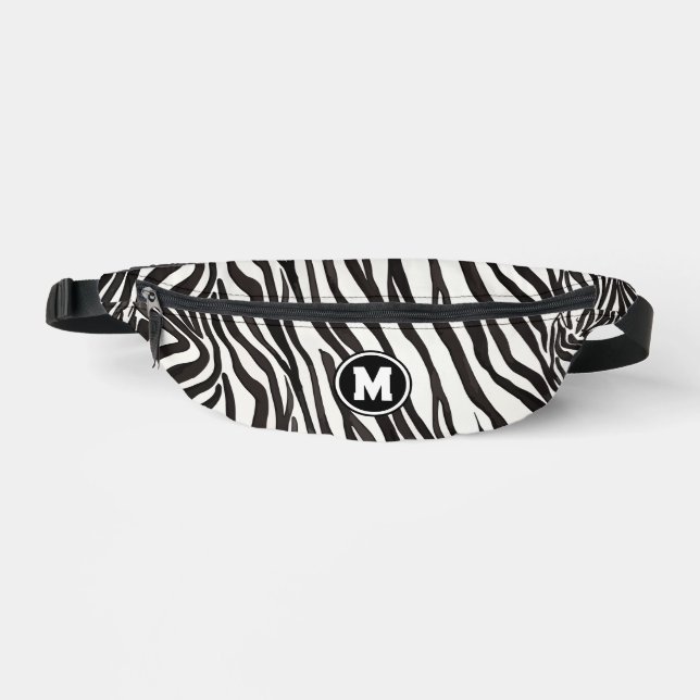 Modern Black White Zebra Stripe With Bold Monogram Fanny Pack (Front)