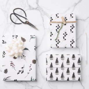 Modern Black Winter Pinecone Watercolor Wrapping Paper Sheet