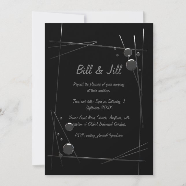 Modern Black With Abstract Silver Line Art Wedding Invitation (Front)