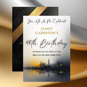 Modern Black with Gold 40th Birthday Party Invitation
