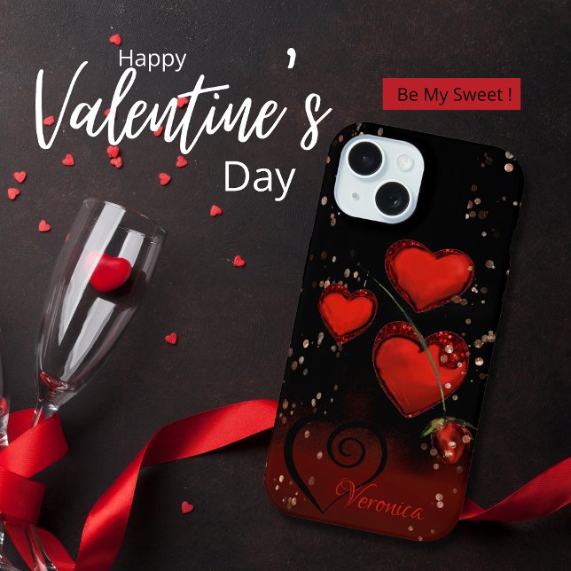 Modern Black with Red Hearts iPhone 15 Case (Modern Black with Red Hearts iPhone 15 Case)