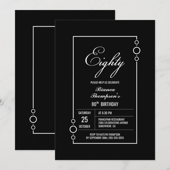Modern Black with White Border 80th Birthday Party Invitation (Front/Back)