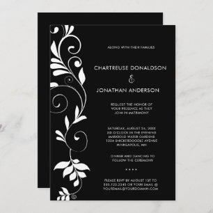 Modern Black with White Botanical Vines Wedding   Announcement