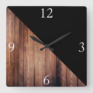 Modern Black & Wood Planks Square Wall Clock