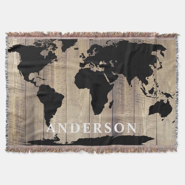 Modern Black World Map Rustic Wood Family Name Throw Blanket (Front)