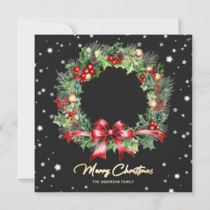 Modern Black Wreath Photo Merry Christmas Card