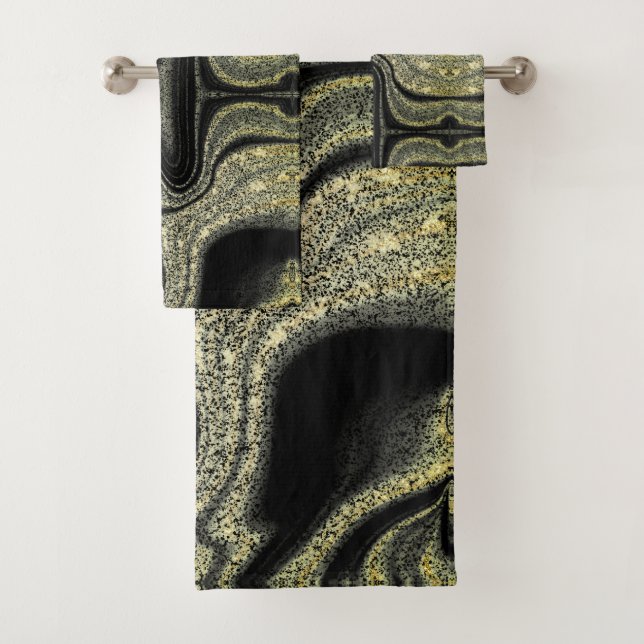 Modern black yellow abstract marble pattern bath towel set (Insitu)