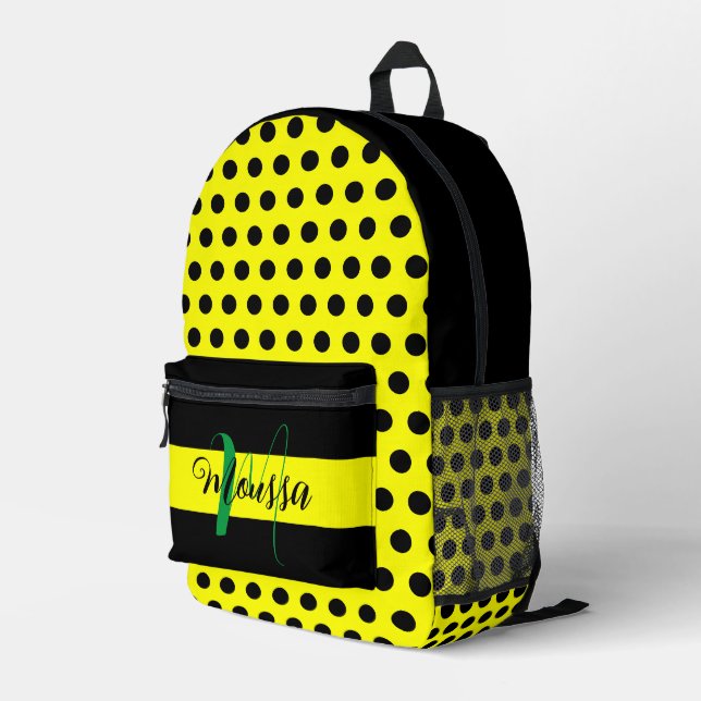 Modern Black Yellow Colour - Initial Name Monogram Printed Backpack (Back Corner Right)