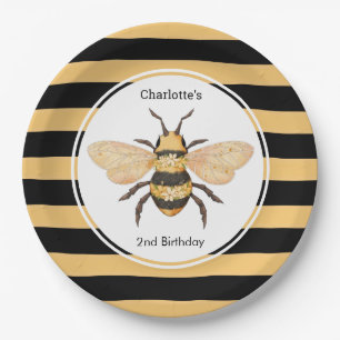 Modern Black Yellow Stripes Bee Birthday Party Paper Plate