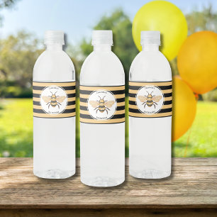 Modern Black Yellow Stripes Bee Birthday Party Water Bottle Label