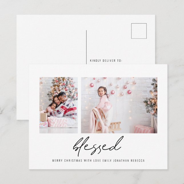 Modern Blessed 2 Photos Script Christmas Postcard (Front/Back)