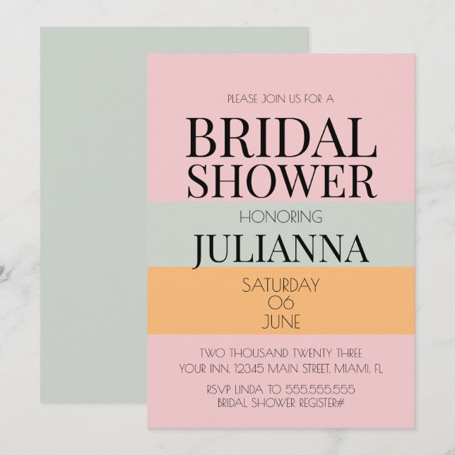 Modern Block Pink Mint Bright BRIDAL SHOWER Invitation (Front/Back)