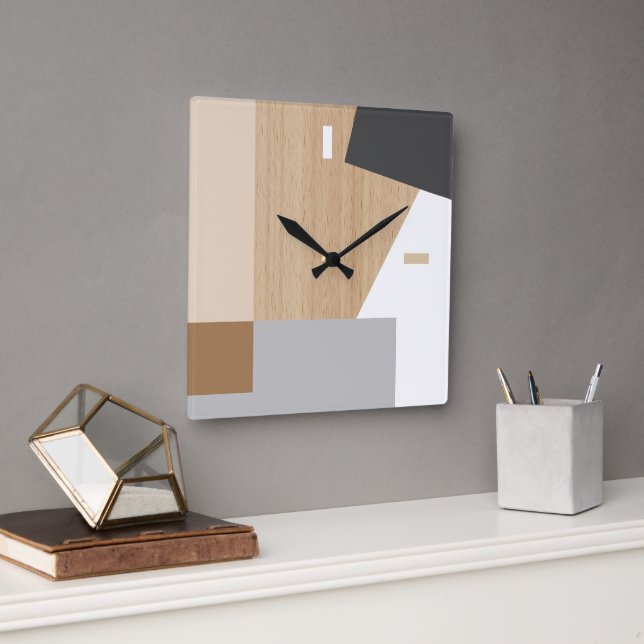 Modern Block Stripes Pattern Art On Faux Wooden Square Wall Clock (Office)