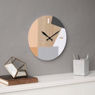 Modern Block Stripes Pattern Art On Faux Woodgrain Large Clock