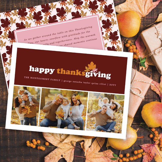 Modern Blocks Fall Leaves Thanksgiving 3 Photo Holiday Card (Creator Uploaded)
