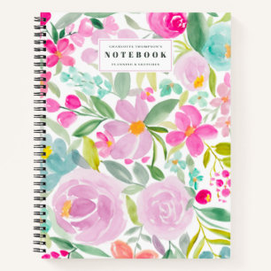 modern bloom girly pastel floral watercolor name notebook
