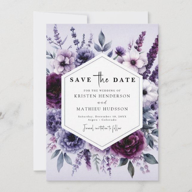 Modern Bloom Purple Floral Wedding  Save The Date (Front)