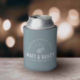 Modern Bloom Wedding Monogram   Dusty Blue Can Cooler