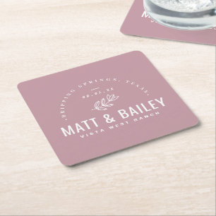 Modern Bloom Wedding Monogram Mauve Square Paper Coaster