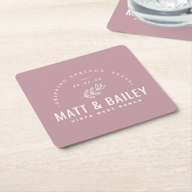 Modern Bloom Wedding Monogram | Mauve Square Paper Coaster (Angled)