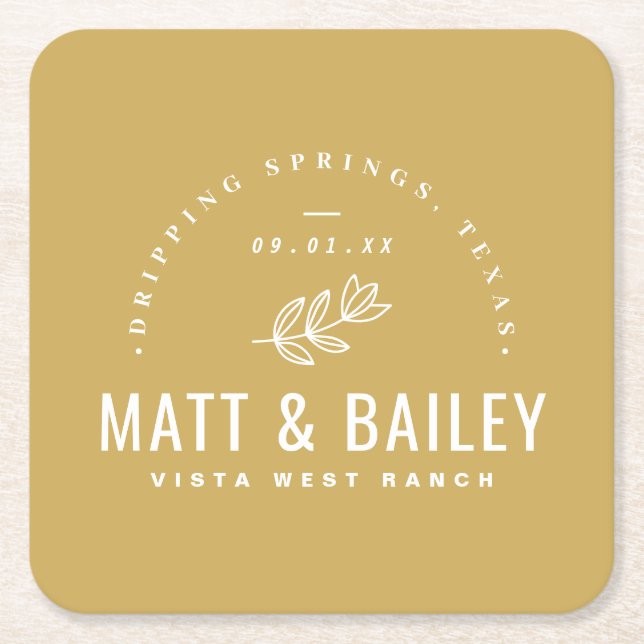 Modern Bloom Wedding Monogram | Mustard Yellow Square Paper Coaster (Front)