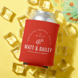 Modern Bloom Wedding Monogram Red Can Cooler