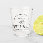 Modern Bloom Wedding Monogram Shot Glass<br><div class="desc">Custom wedding shot glasses make a wonderful keepsake gift for the bride and groom or personalize each one for a unique bridal party favour to give your groomsmen, bridesmaids or family members. This modern rustic logo-style design has a simple floral stem and mixed typography. Personalize the template with the bride...</div>