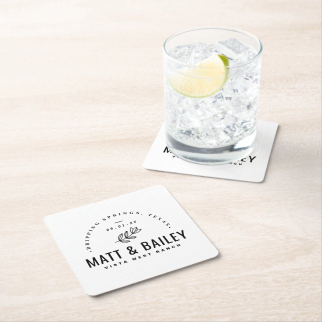 Modern Bloom Wedding Monogram Square Paper Coaster (Insitu)