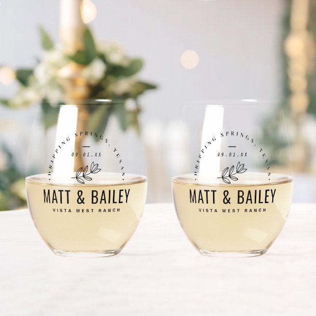 Modern Bloom Wedding Monogram Stemless Wine Glass (Insitu (Wedding))