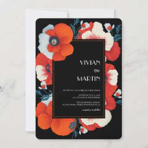 Modern Blooms Bright Red Floral Qr code Wedding Invitation